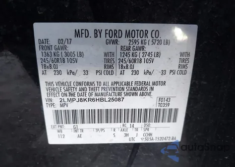 2017 Lincoln Mkx Select z USA, uszkodzony, nr VIN 2LMPJ8KR6HBL25087